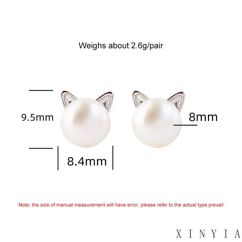 【Bayar di tempat】Anting Stud Desain Telinga Kucing Aksen Mutiara Imitasi Bahan 925 Silver Untuk Wanita