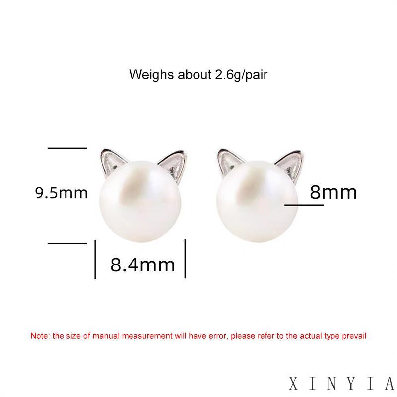 【Bayar di tempat】Anting Stud Desain Telinga Kucing Aksen Mutiara Imitasi Bahan 925 Silver Untuk Wanita