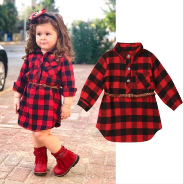 Dress anak perempuan katun kotak model kemeja, baju anak 3-4 tahun