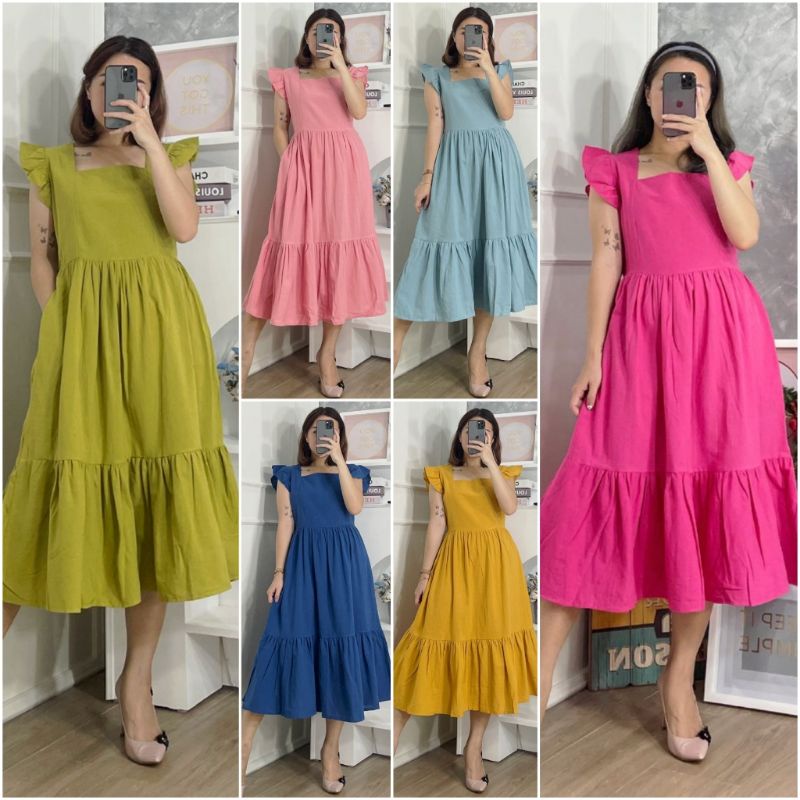 ⚡️ SALE ⚡️ PREMIUM ♡ ORIGINAL ! ALLECIA STABILO VINTAGE PLAIN RUFFLE LESS SLEEVE TRAP  MIDI LAYER DRESS