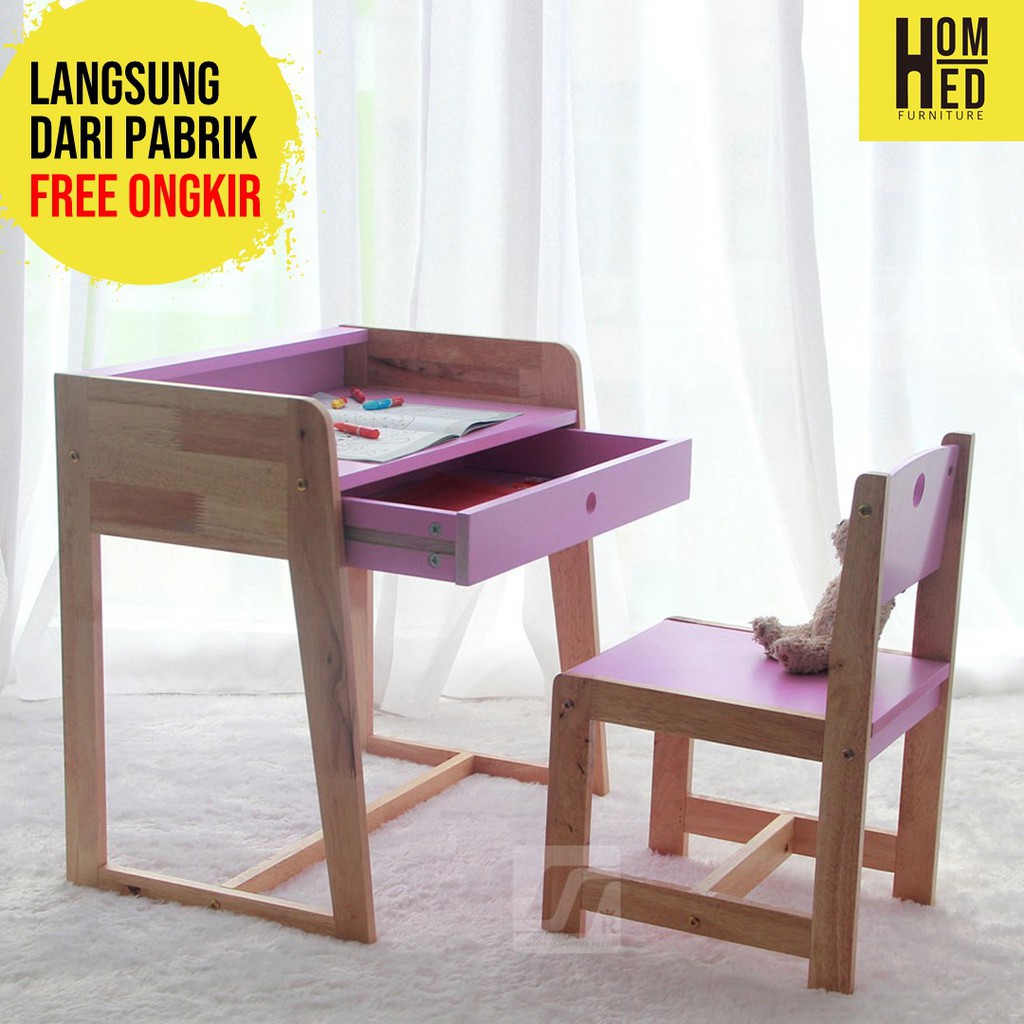 MEJA BELAJAR ANAK SET KURSI - MEJA BELAJAR ANAK PEREMPUAN - MEJA BELAJAR KAYU - HOMNED