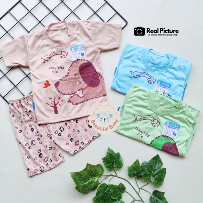 Baby.ou - Setelan Baju Bayi Lengan Pendek Celana Pendek SNI 3-12 Bulan Motif Dog / Setelan Harian Bayi Kazuka / Baju Bayi Pendek / Setelan Pendek Bayi