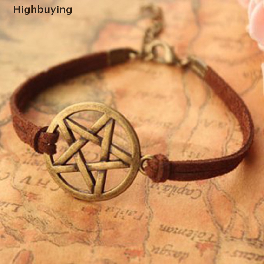 Hbid Gelang Tali Coklat Retro Dengan Liontin Pentagram Perunggu Untuk Wanita