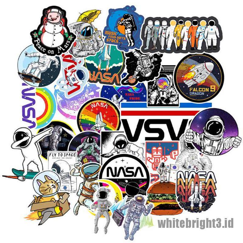 (White3) 50pcs Stiker Motif Kartun Astronot Klasik Anti Air