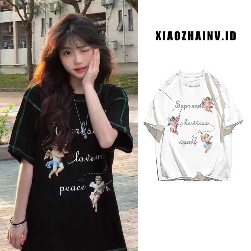 XIAOZHAINV Kaos Atasan Wanita Cupid Pattern Lengan Pendek A0393