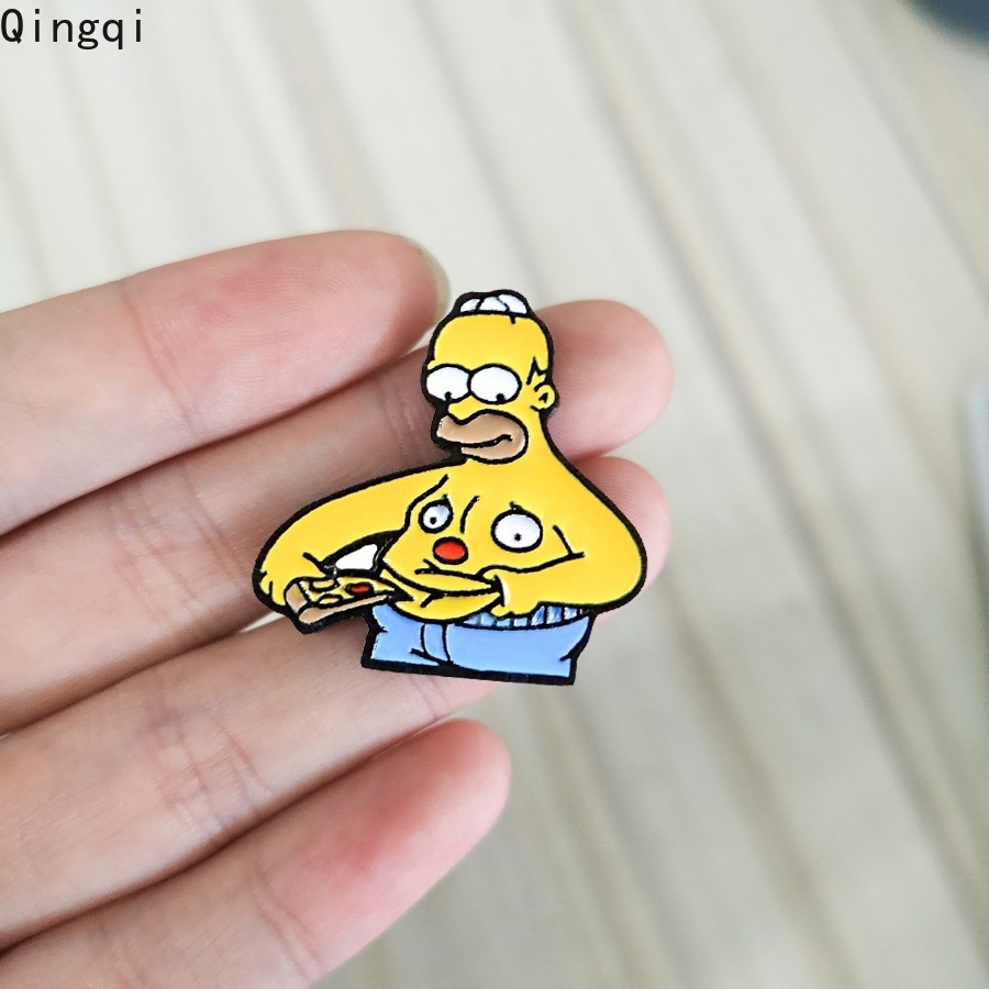 Homer Bros Pin Enamel Desain Kartun Tv Anime Simpson Eating Pizza Fatso Belly 8090s