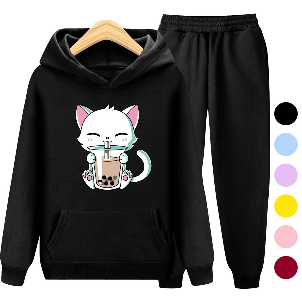 Setelan Anak Sweater Hoodie BOBA CAT / Set Sweater Anak - Remaja Size S (3-5 Thn) M (5-7 Thn) XL(9-12 thn) XXL (13 + thn)