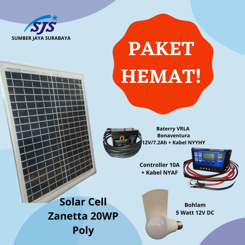 Paket Solar cell 20wp lengkap lampu DC 5watt