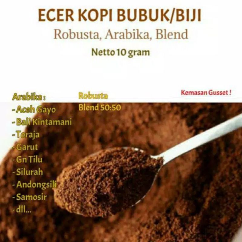 

(COD) SACHET ECER KOPI ROBUSTA ARABIKA KOPI ARABICA BIJI BUBUK BLEND 10GRAM