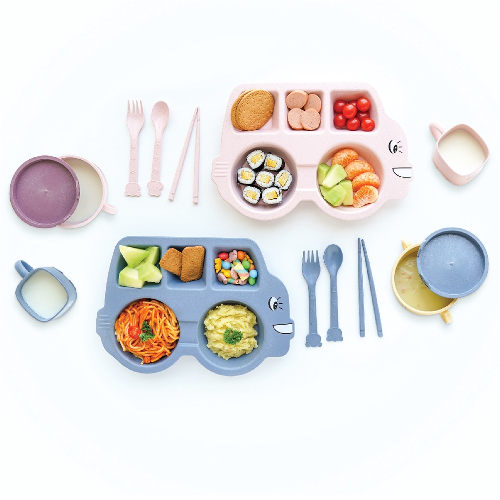 1 Set Alat Makan Anak Sekat Motif Mobil ( Piring + Mangkok + Gelas + Sendok Garpu + Sumpit )
