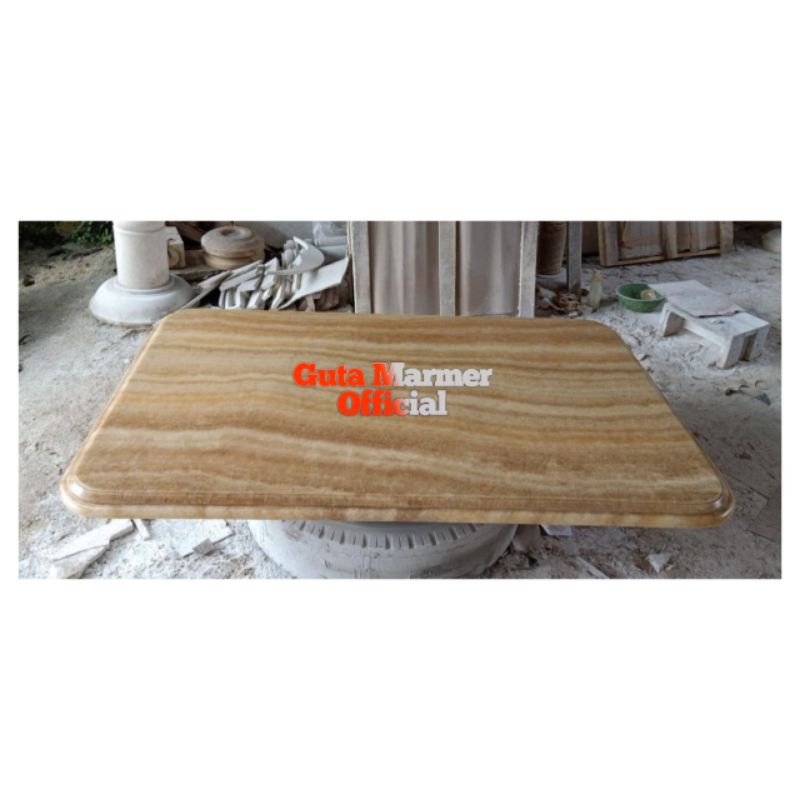 Daun Meja || Top Table Batu Onix Coklat Motif Alur Glosy Rapi Mengkilat Ukuran 160x90Cm