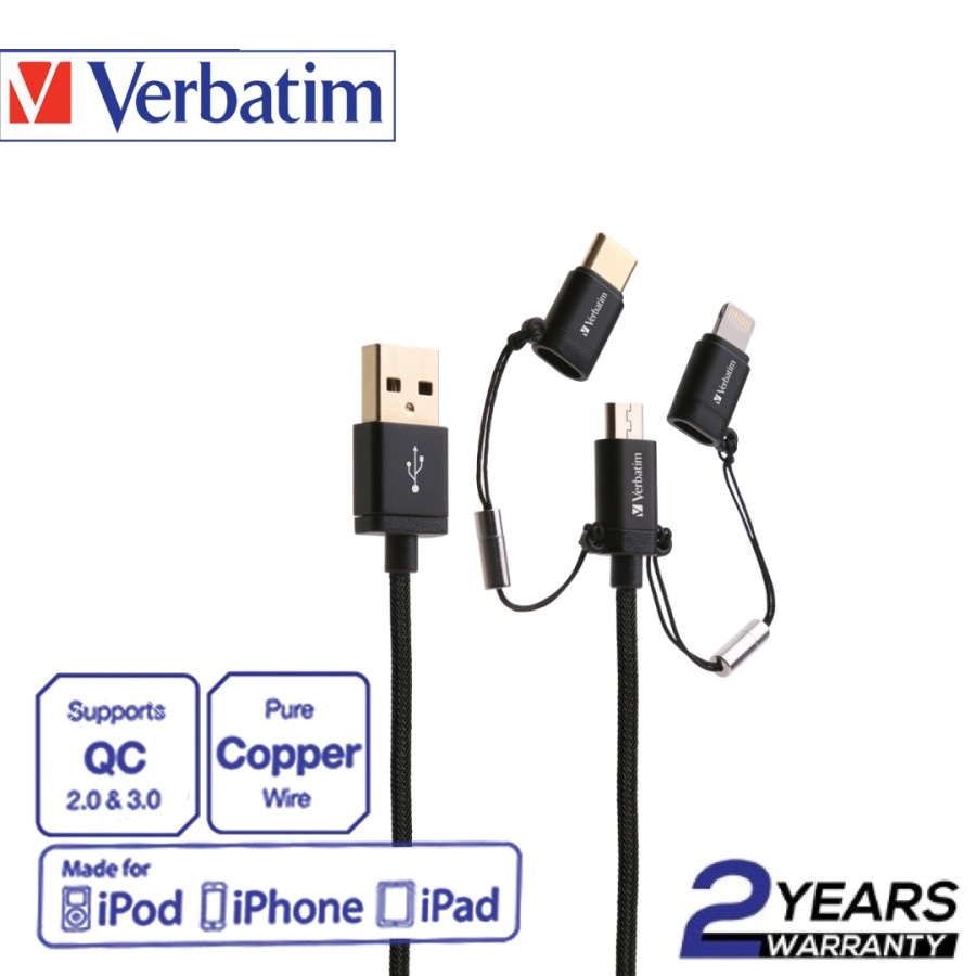 Kabel Data Verbatim 3in1 Micro, USB-C, Lightning to USB A 120cm- 65385