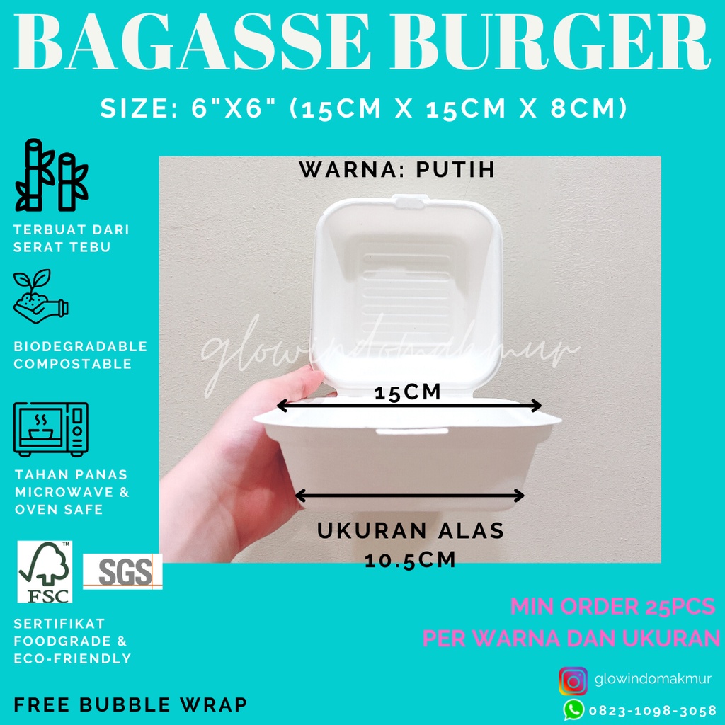 Bagasse Box Bento Cake Burger 15cm x 15cm 6inch 6&quot; Lunchbox Small Sugarcane Serat Tebu ECO FRIENDLY