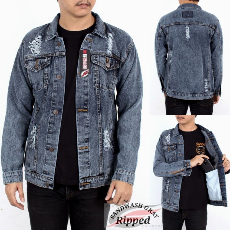 (BISA COD)  JAKET JEANS SANDWASH THE BOJIEL - JAKET SANDWASH PRINTING - JAKET JEANS PRIA-FC - Ripped Grey