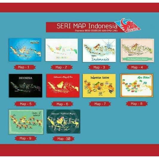 

POSNESIA Indonesia Map Infographic Postcard Set / Kartu Pos Infografis Peta Indonesia