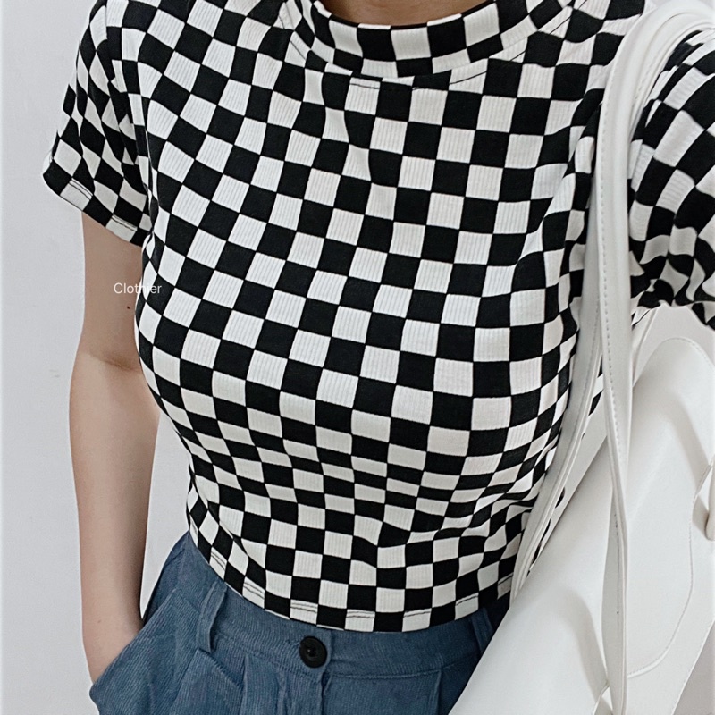 CLOTHIER - Ribbed Crop Tee Collection | Checkered New York Baseball Criss Cross