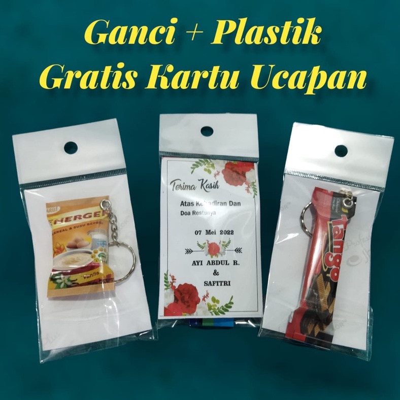 GANCI + PLASTIK Gantungan Kunci Unik Lucu Miniatur Snack Makanan Minuman Custom Lucu Souvenir Pesta Pernikahan Keren-GANCI + KARTU UCAPAN