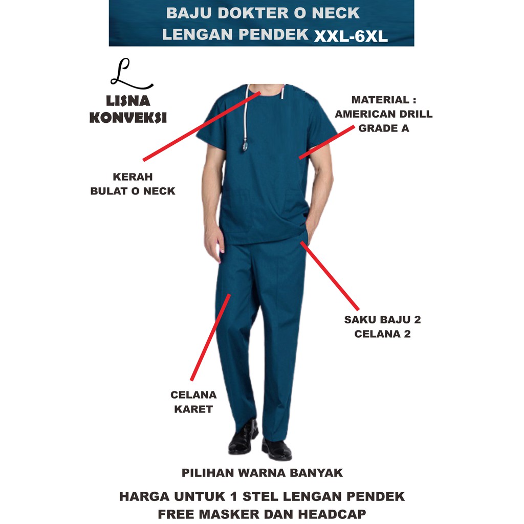 Baju Jaga Medis APD OKA O-Neck Lengan Pendek American Drill Ukuran XXL-6L