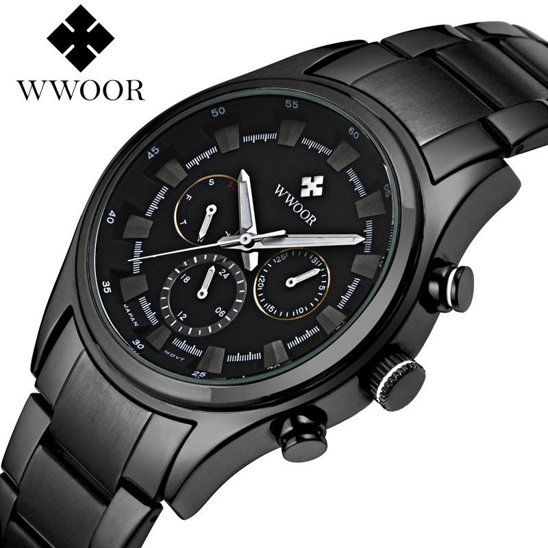 Jam Tangan Pria Wwoor Original 8815 Black White Chronograph Date Days 24 Hours  Luminous Anti Air