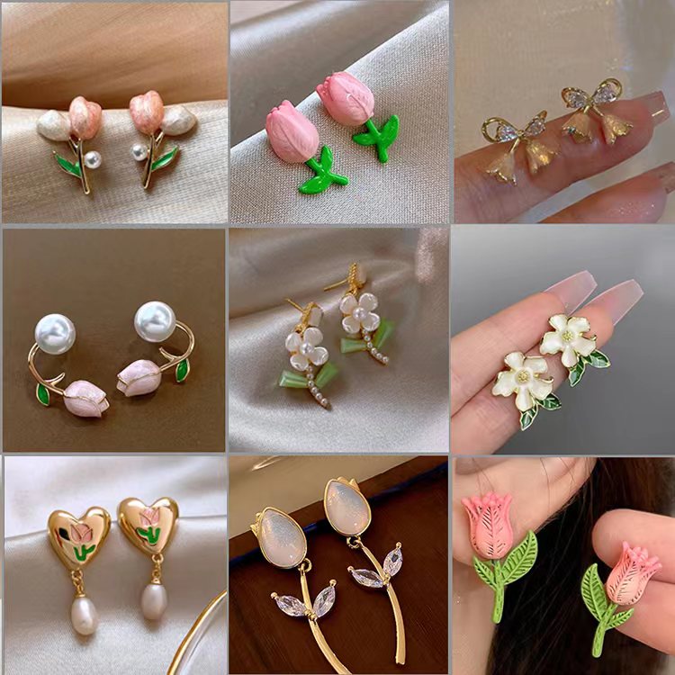 Anting Stud Bentuk Tulip Bahan S925 Silver Plated Gaya Korea Untuk Wanita