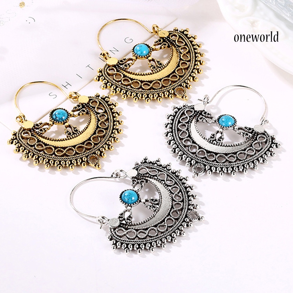 OW@ Ethnic Hollow Pattern Artificial Turquoise Chandelier Dangle Earrings Women Gift