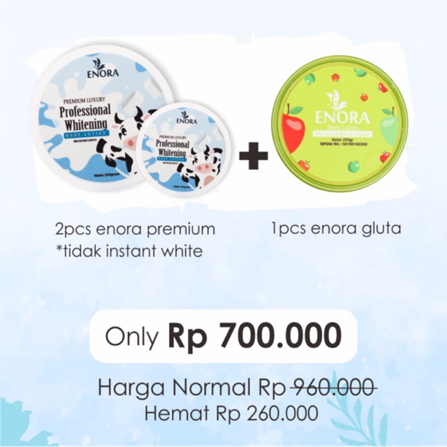paket spesial price 2 pcs enora premium uk. 250 gram dan 1 pcs enora gluta uk. 250 gram only 700.000