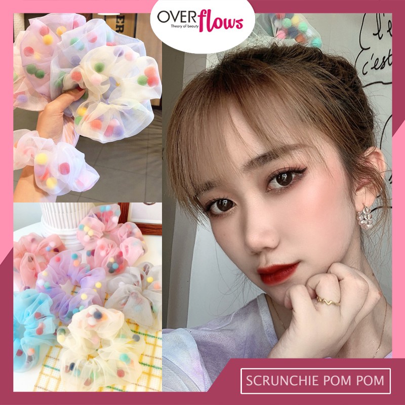 OVERFLOWS.ID ✿ Scrunchie Ikat Rambut Cepol Korea Lucu Model Pom Pom Kekinian