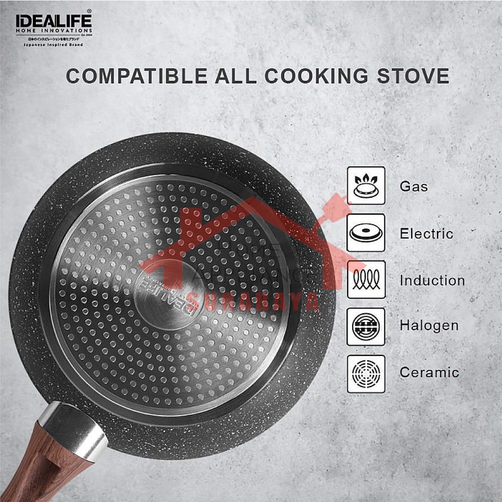 IDEALIFE Panci Penggorengan Deep Fryer Pan / Frypan Cookware + Oil Rack + Spatula + Tutup Kaca 24CM IL-24DFP / 28CM IL-28DFP