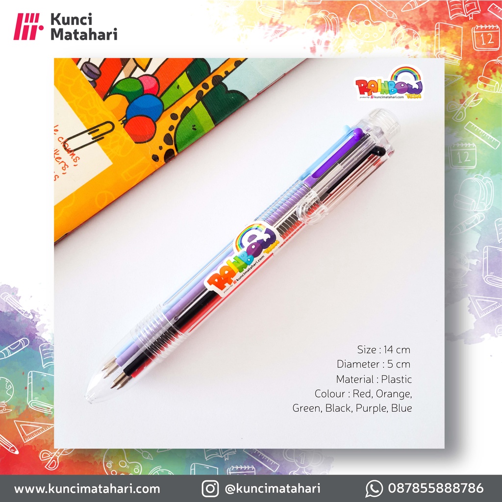 

Pulpen 6 in 1 Transparan Warna Warni / Bolpoint Rainbow Toon / Pulpen Warna Warni