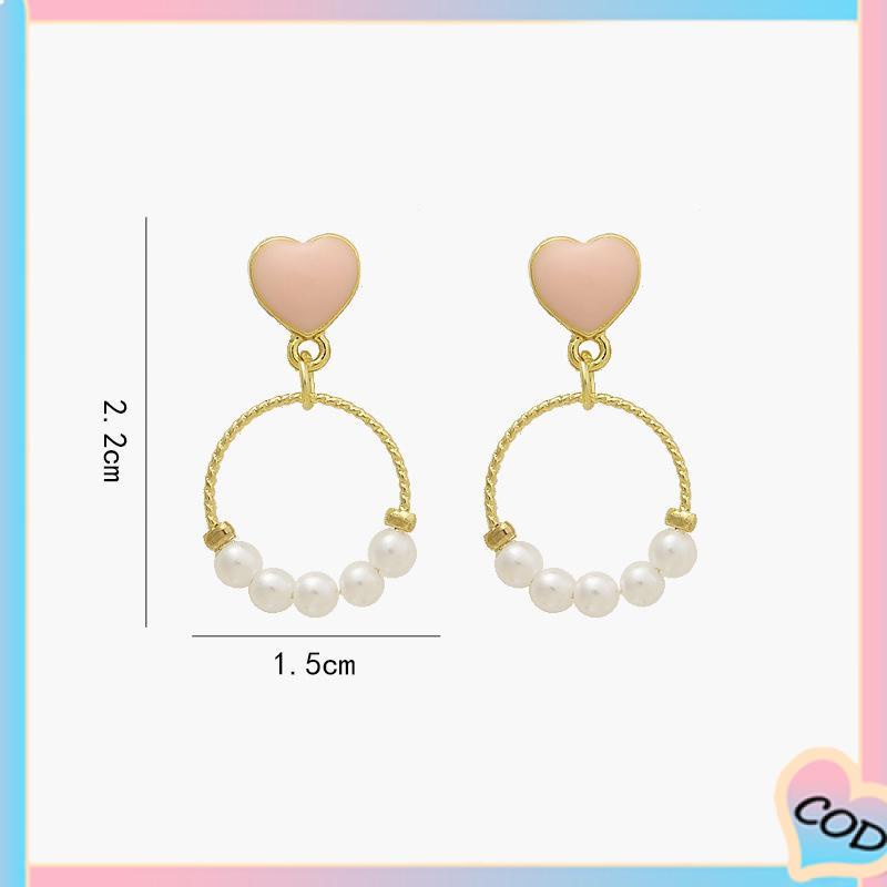 COD❤️ Anting-anting Geometris Lingkaran Kecil Manis Love Pearl Stud Earrings-A.one