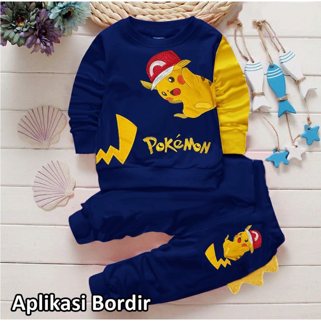 Setelan sweater joger motif pokemon Baju anak pokemon 1-6 Tahun Pakaian anak unisex