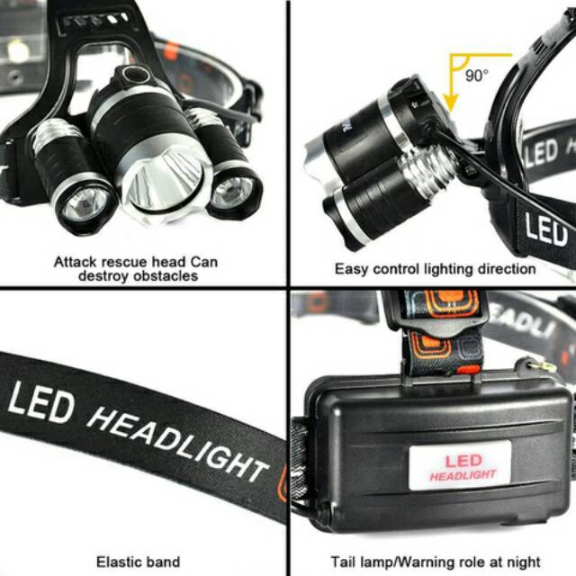 Senter kepala headlamp 3 mata. Lampu kuning dan putih