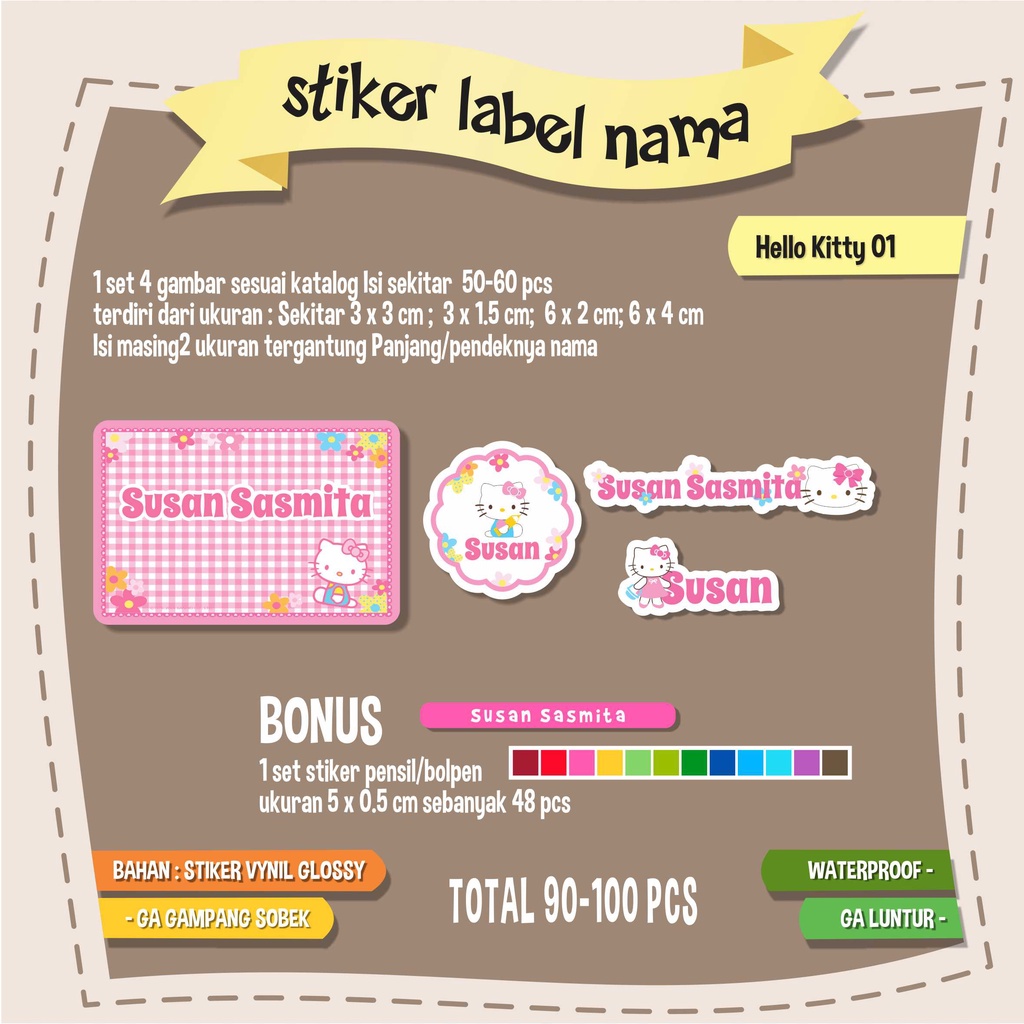 

Stiker label nama waterproof Hello Kitty isi 90-100pcs