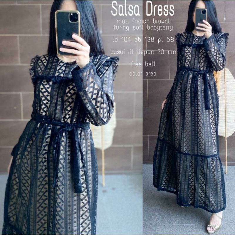 ORIGINAL GAMIS SALSA BRUKAT WANITA  FULL FURING SATIN IMPORT KIA DRESS BRUKAT MEWAH Pesta Kekinian G