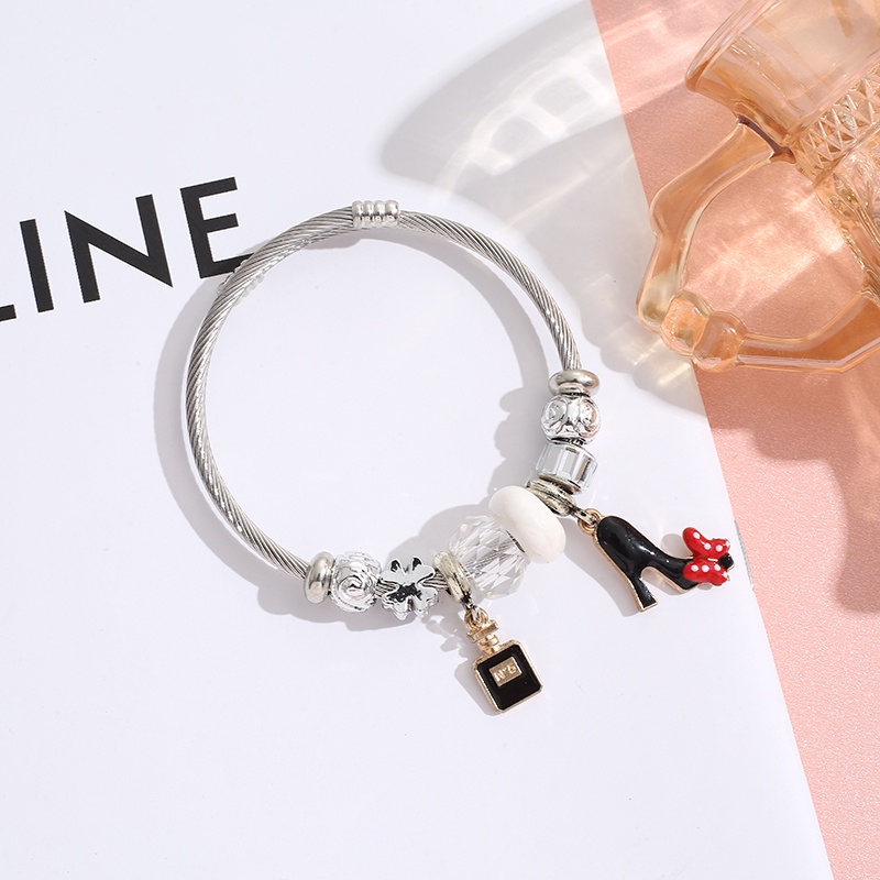 XiaoboACC Gelang Tangan Stainless Steel Aksen Kristal + Liontin Botol Parfum Untuk Perhiasan Wanita DIY