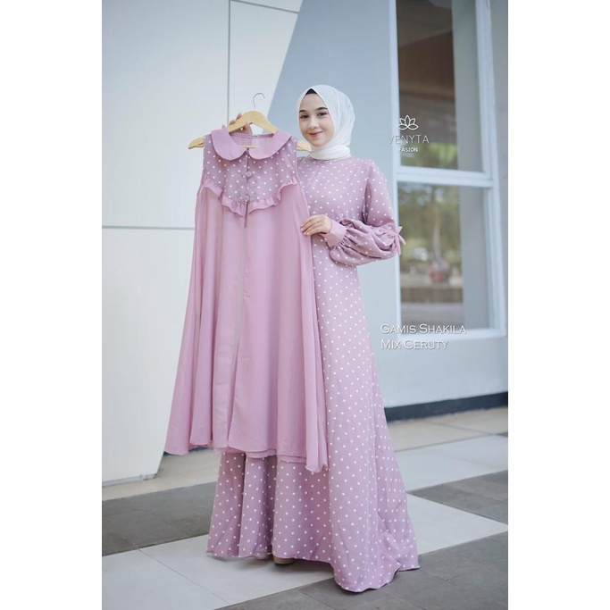 GAMIS set blezer 2 IN1 ORI VENYTA LULI outer DRESS PLUS OUTHER SHAKILA MIX CERUTY KOMBINASI MOTIF POLKADOT