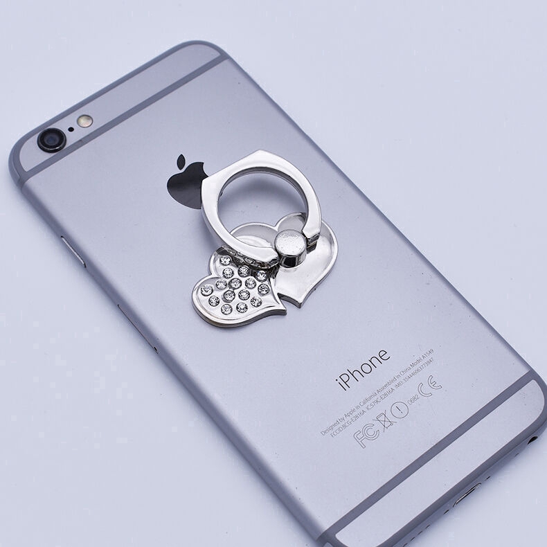 Heart-shaped Diamond Double Love Metal Ring Buckle with Diamond Back Stick Phone Stand