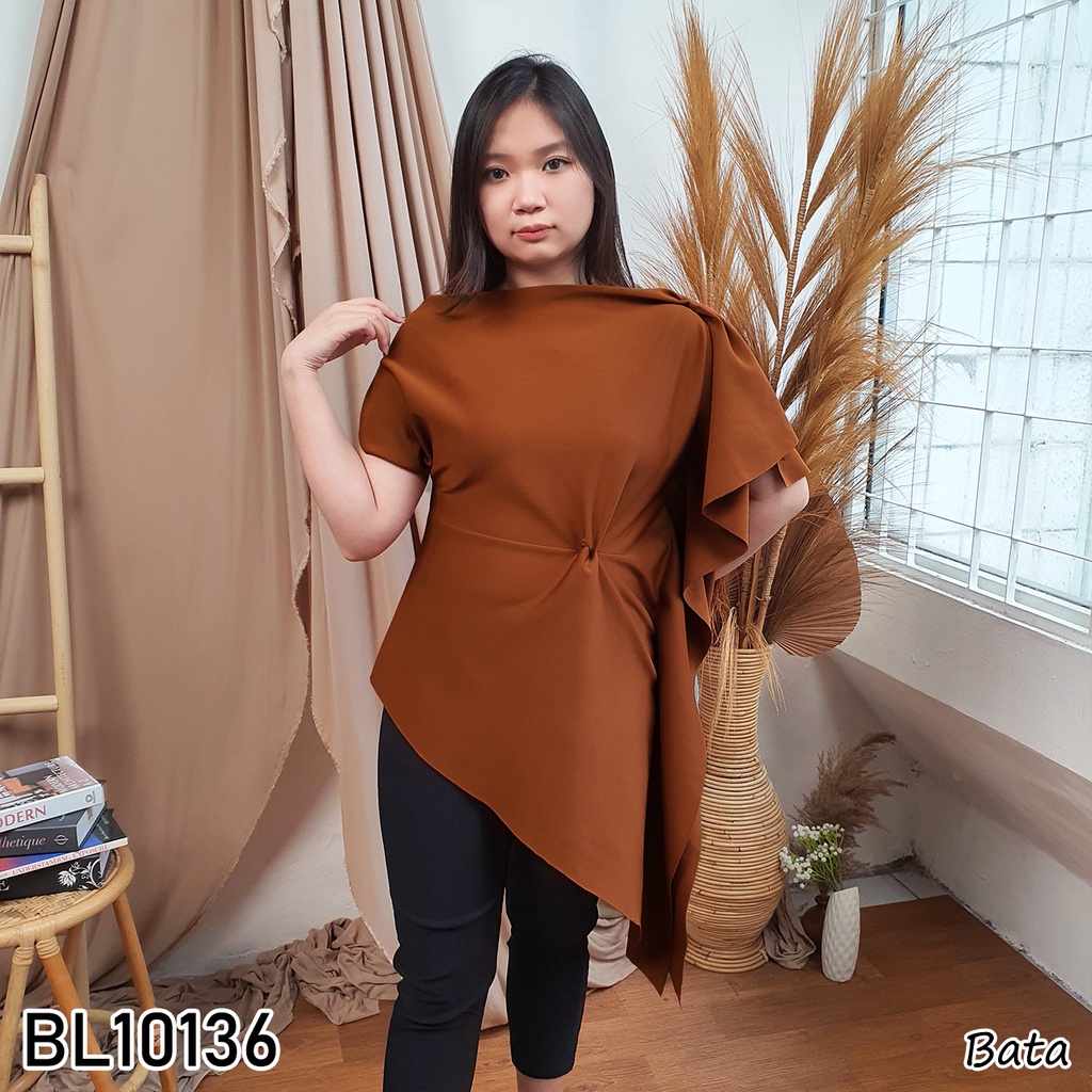 BL10136 blouse wanita scuba lengan pendek astymetric polos 10136-2