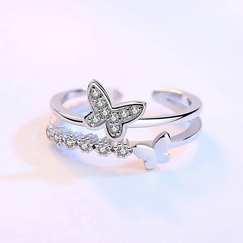 [Korean Fashion Retro Double Layer Crystal Butterfly Adjustable Open Rings For Women] [ Elegant Ladies Smooth Fine Thin Finger Ring] [Lovely Jewelry Gifts For Girl Friends]