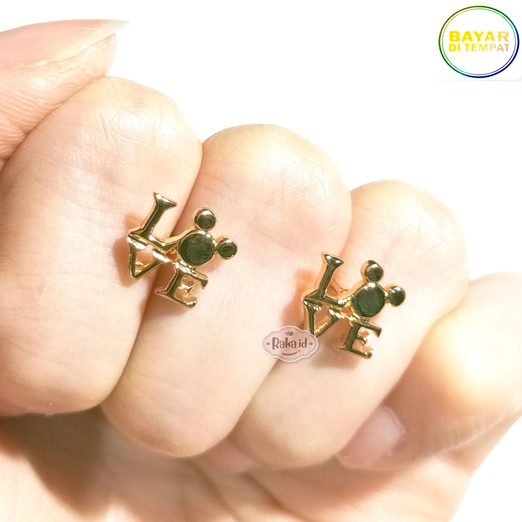 RAKA Acc - Anting Stud /Tusuk Mickey Tulisan Love Gold Perhiasan Aksesoris Wanita Lapis Emas 18k 489