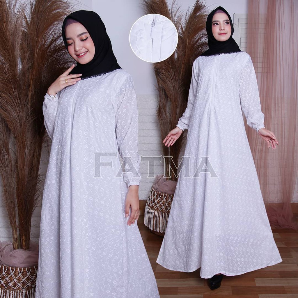 Gamis Klok Wanita Bordir Putih Jumbo Katun Motif Timbul Tidak Terawang Busui Friendly