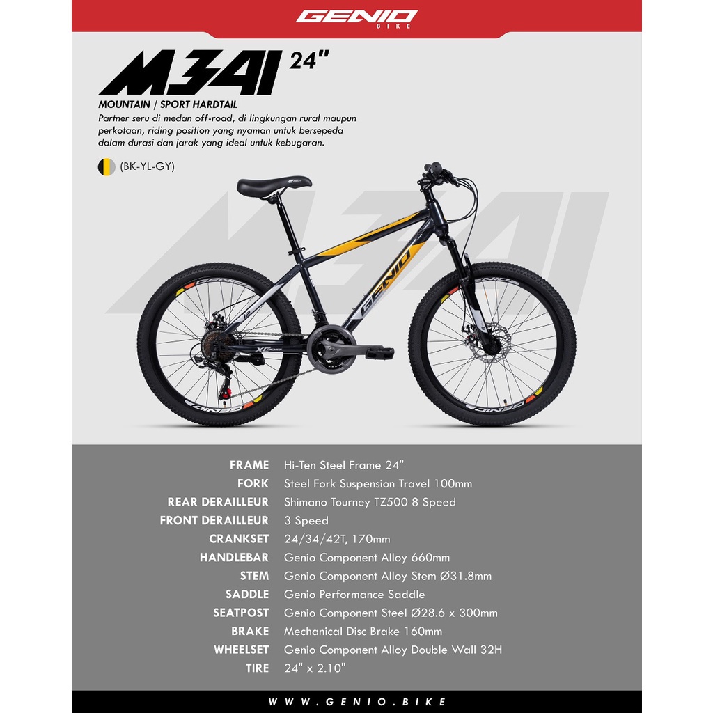 Sepeda gunung MTB 24 Inch Genio M341 - BK-YL-GY