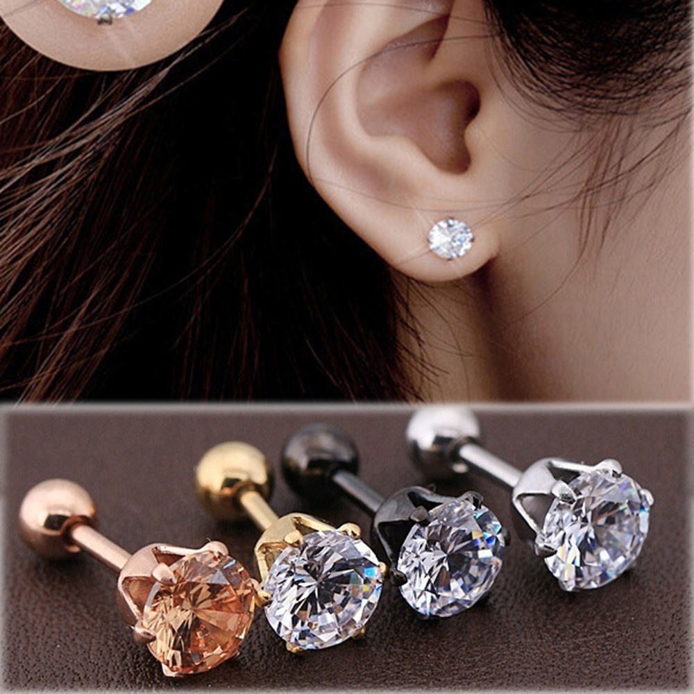 Rhig1 1pc Anting Tusuk Titanium Steel Hias Cubic Zirconia Multi Warna Untuk Pria / Wanita