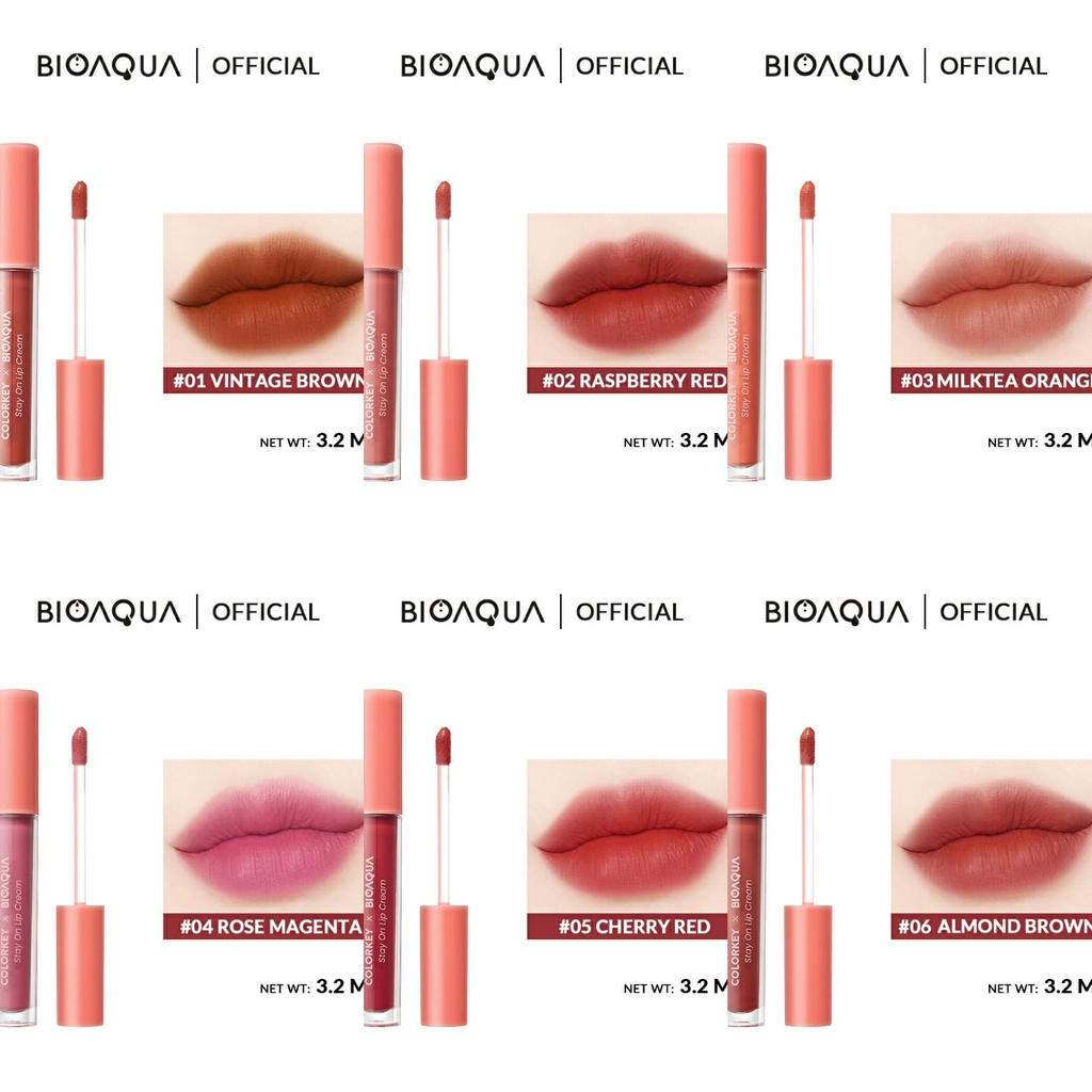 Colorkey X Bioaqua Stay On Lip Cream Matte 6 Colors Lipstick / Lipstik Matte Lipstik Tahan Lama dan Anti Air Hingga 24 Jam / BB