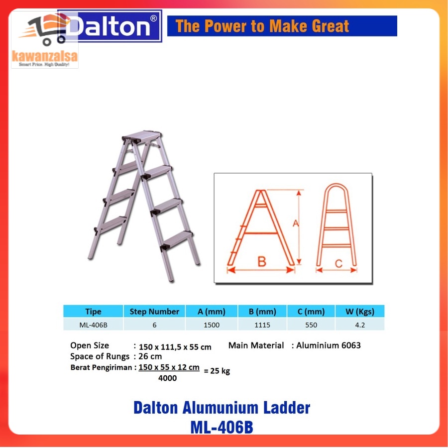 Tangga Lipat 5 Step DALTON ML-406B Aluminium Step Ladder 2x6 Steps 1 Meter Original