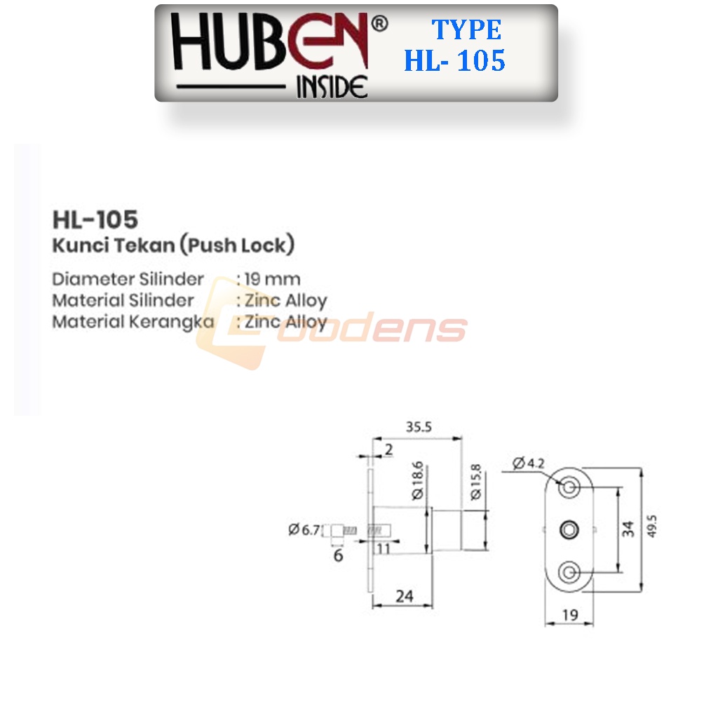 Huben HL 105 Kunci Tekan Kunci Tusuk