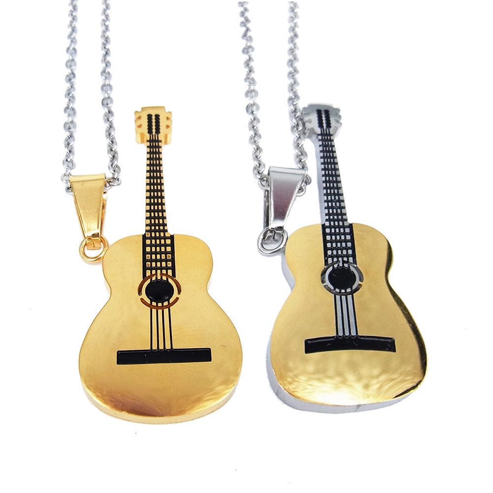 Hu Hu Hu Hu Hu Alat Bantu Pasang Kacamata♡ Kalung Liontin Gitar Rock Bahan Stainless Steel Untuk Pria Dan Wanita