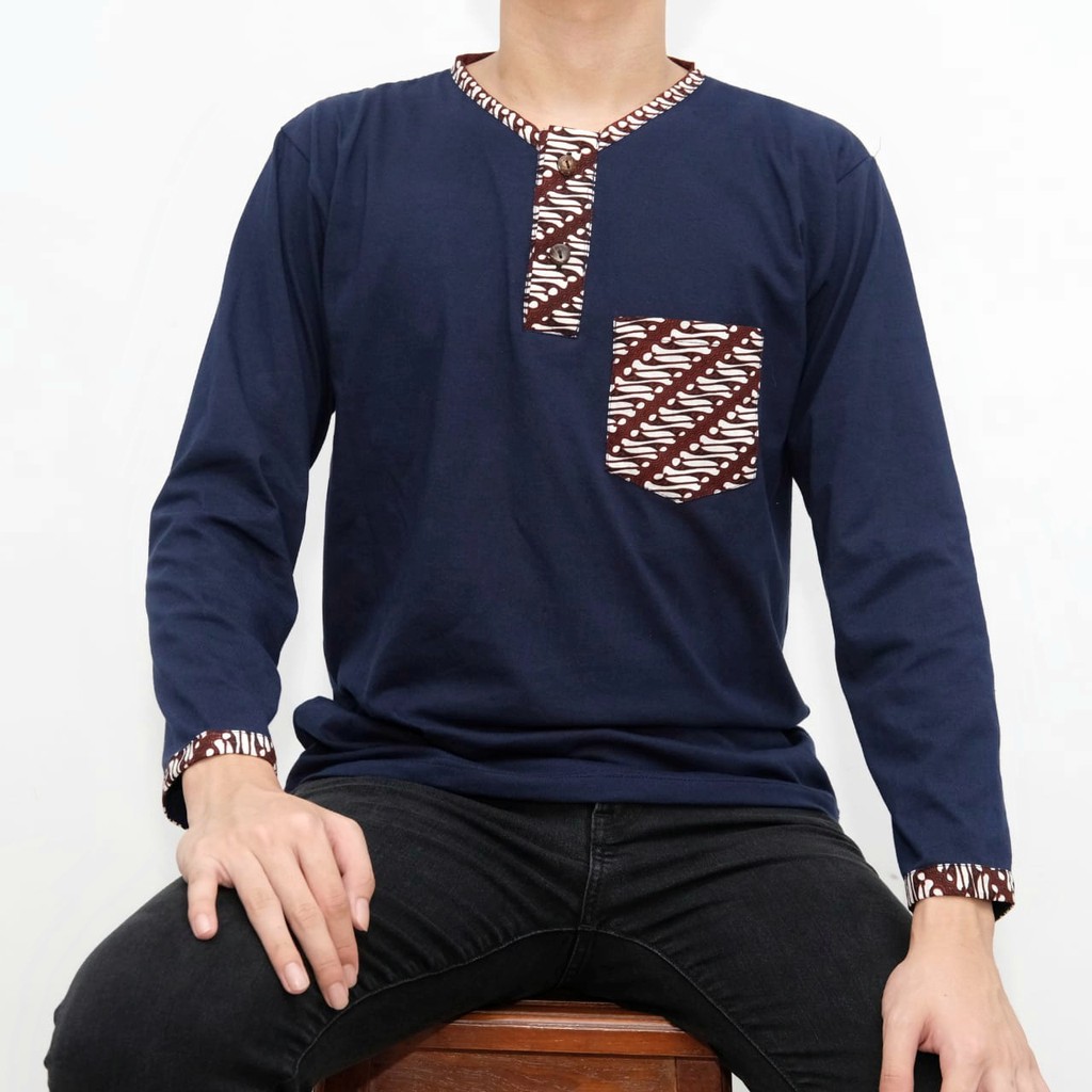 Baju Koko Variasi Batik Lengan Panjang Pria Warna Biru Donker Navy Premium Jabrik