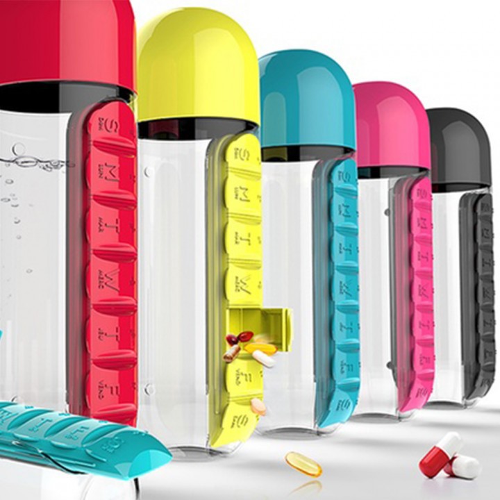 7 Days Pill and Vitamin Organizer BPA Free Water Bottle - Botol Minum dengan Tempat Obat