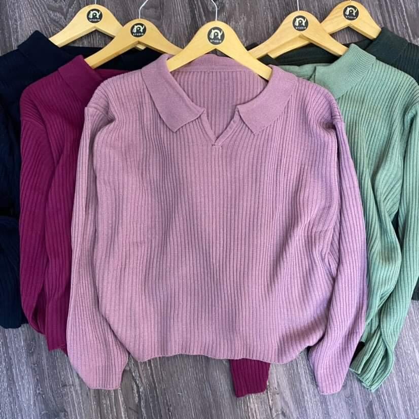 Crop Blouse Atasan Crop Top Basic Sweater Rajut Kerah Wanita